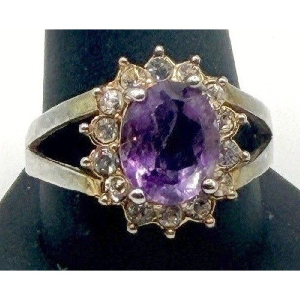 Size‎ 11.75 Amethyst Statement Ring Gold Tone Sparkly Tested Quartz